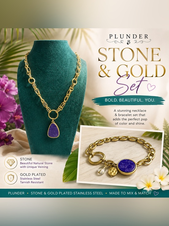Plunder Jewelry - Plunder Gold-Plated Necklace & Bracelet Set with Blue Stone